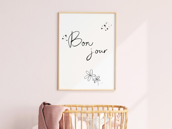 Bon Jour Script Typography French Nursery Wall Decor Art Poster