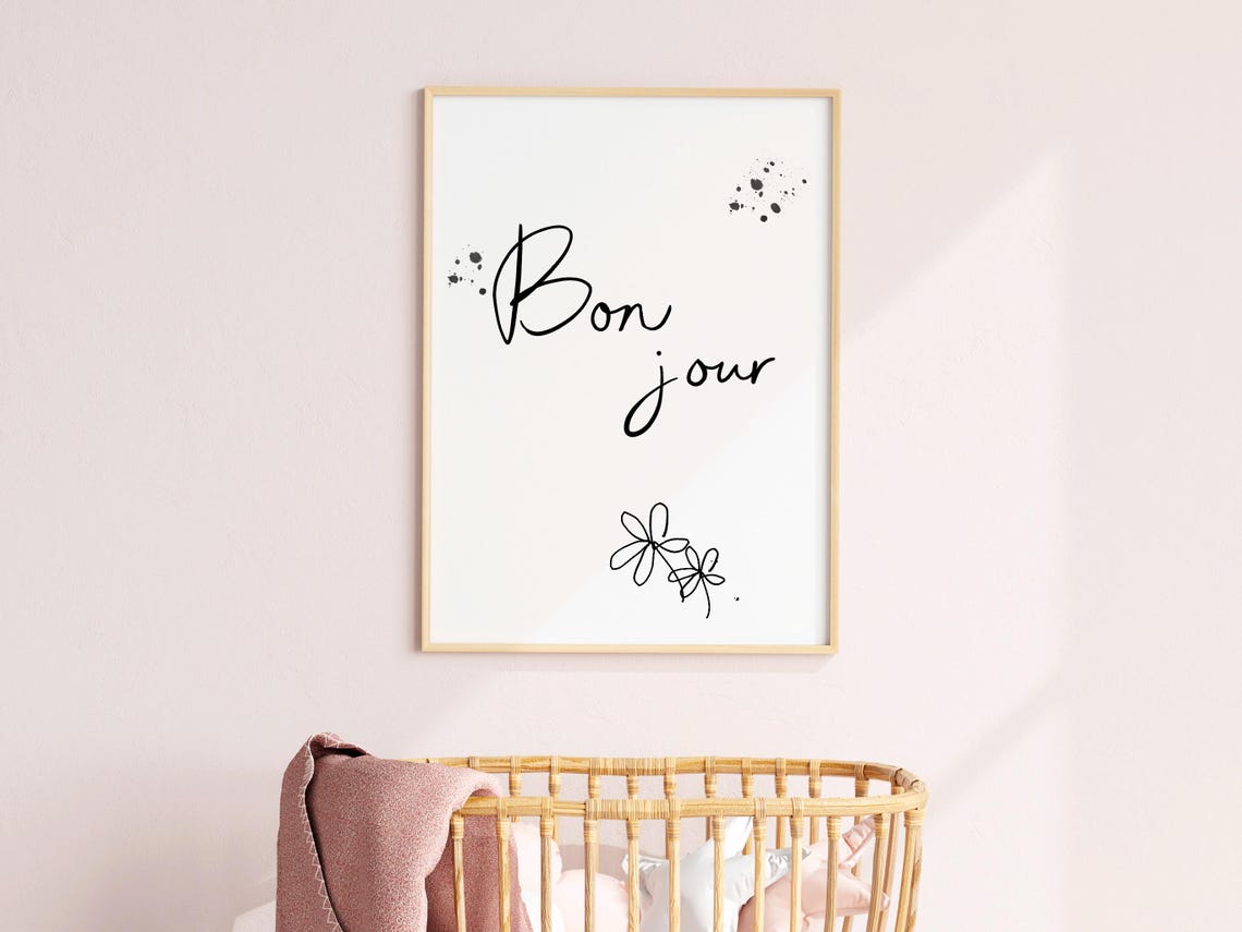Bon Jour Script Typography French Nursery Wall Decor Art Poster