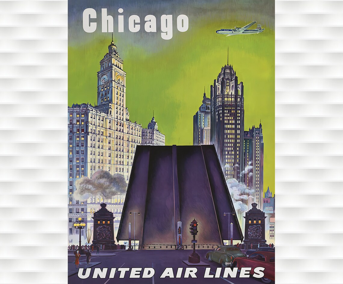 United Air Lines Chicago Vintage Travel Skyline Michigan Avenue Poster