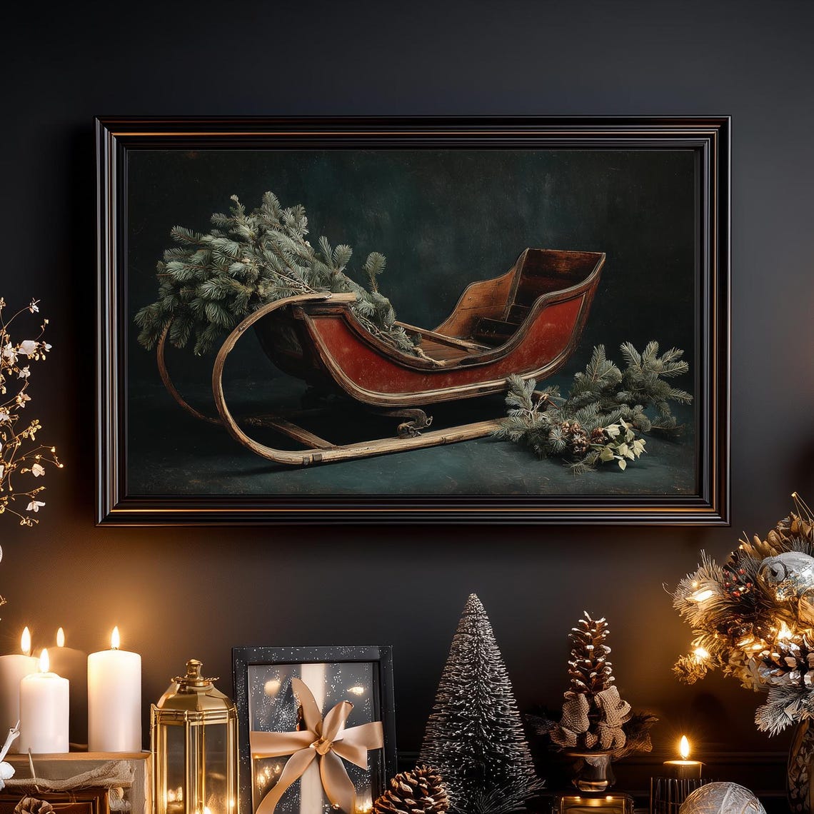 Vintage Red Christmas Sleigh With Pine Branches Moody Art Print