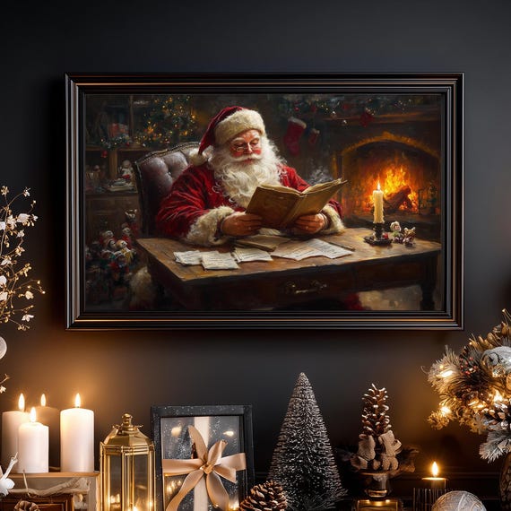 Vintage Santa Claus Tv Art Classic Holiday Portrait Frame Cosy Christmas Decor Festive Wall 242