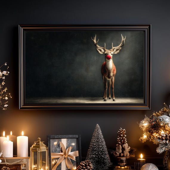 Vintage Moody Reindeer Art Print, Rustic Holiday Decor