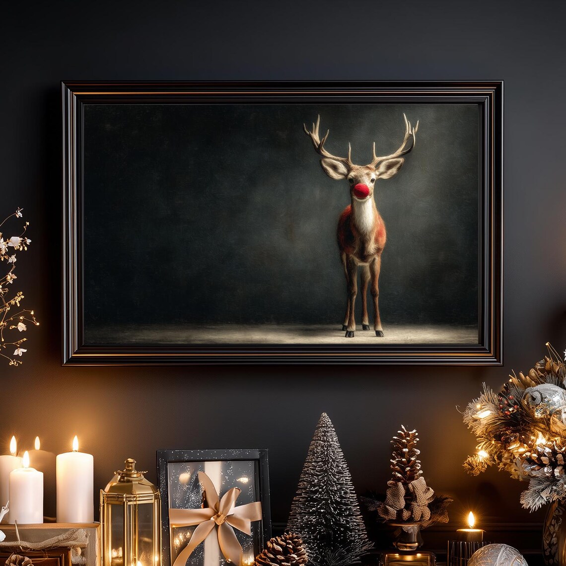 Vintage Moody Reindeer Art Print, Rustic Holiday Decor