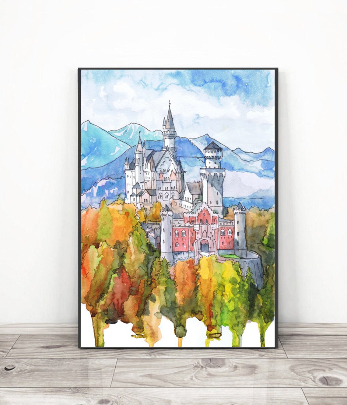 Neuschwanstein Painting, Germany Watercolor Art Print