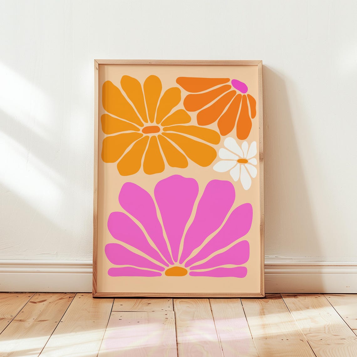 Bold Retro Daisy Orange Pink Flower Power Botanical Art Poster