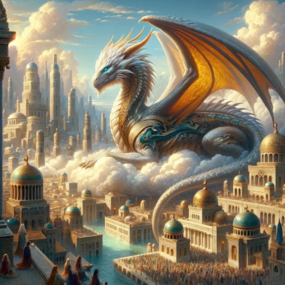 City Dragon Fantasy Art, High Resolution Poster