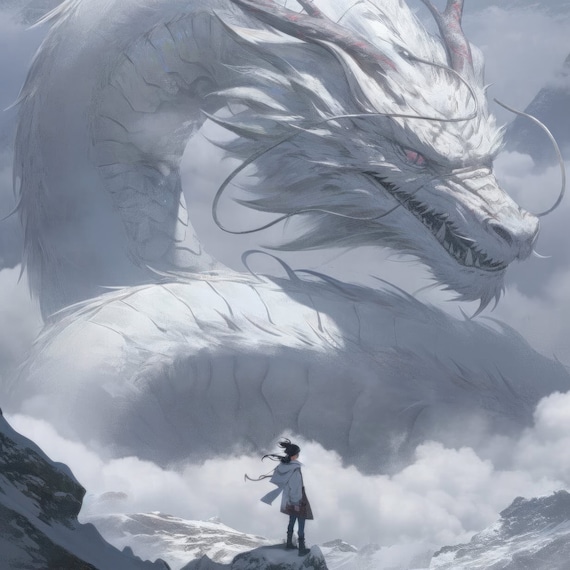 Snowy Mountain Dragon Fantasy Art Print