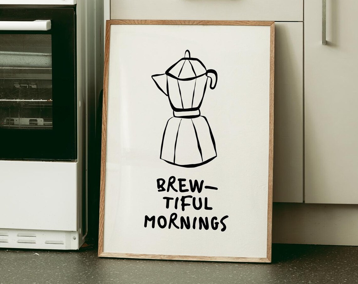 Brewtiful Mornings Minimal Moka Pot Coffee Kitchen Line Art Poster - Image 3