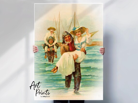 Edwardian Seaside Fisherman Carrying Lady Vintage Postcard Beach Poster