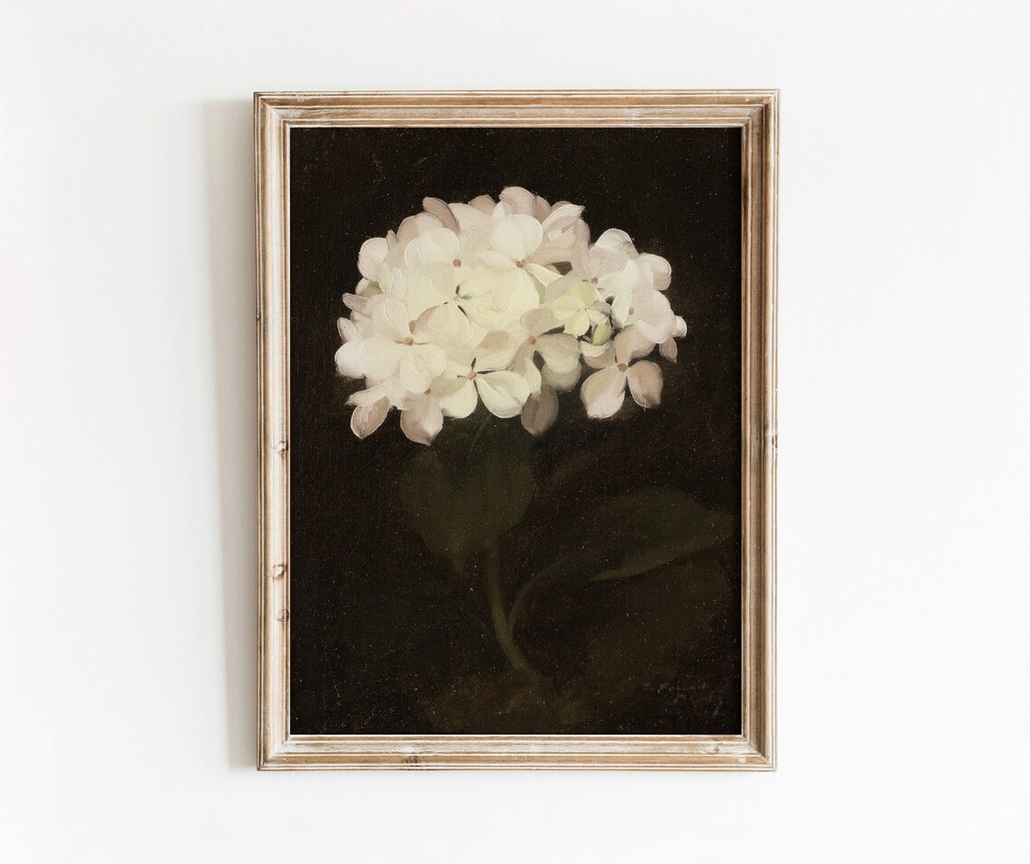 White Hydrangea Painting, Vintage Botanical Art Print