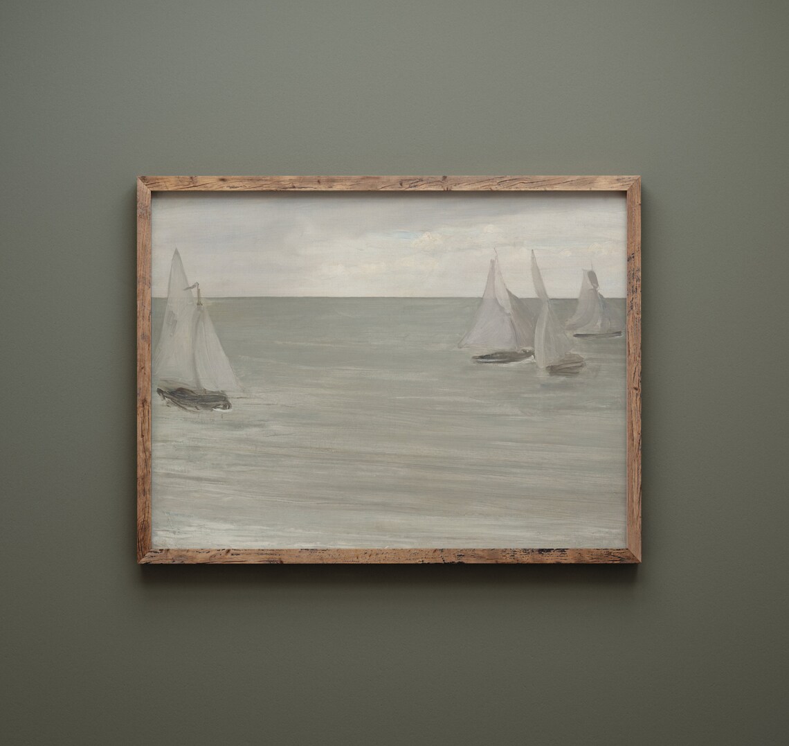 Silver Sea Sailboats Pale Green Tonal Minimalist Seascape Painting Poster - Image 2