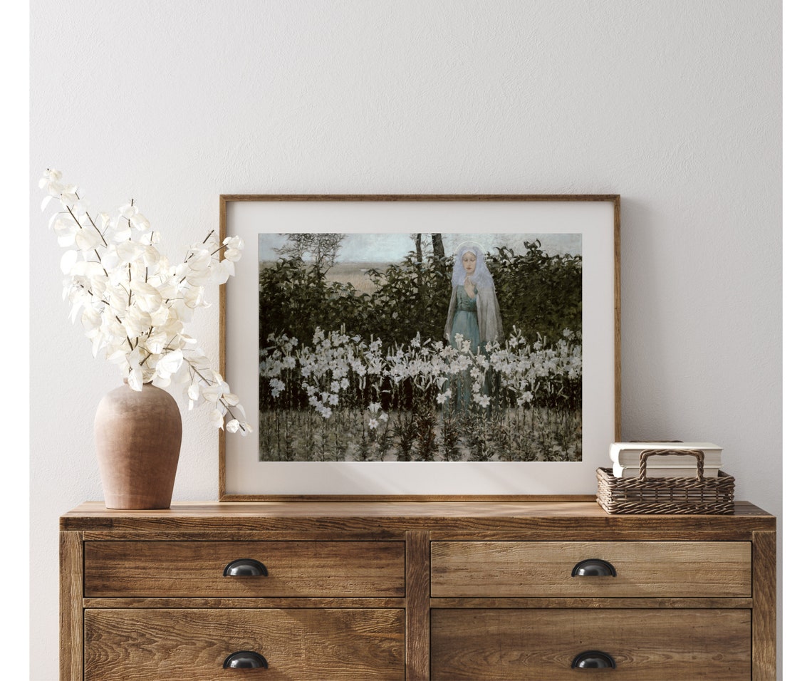 Haloed Woman Standing Among White Lilies In A Quiet Garden Art Print - Image 4