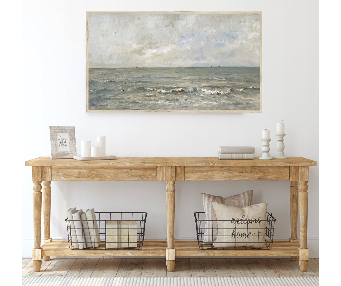 Vintage Muted Oceanscape Painting, Art Print - Image 3
