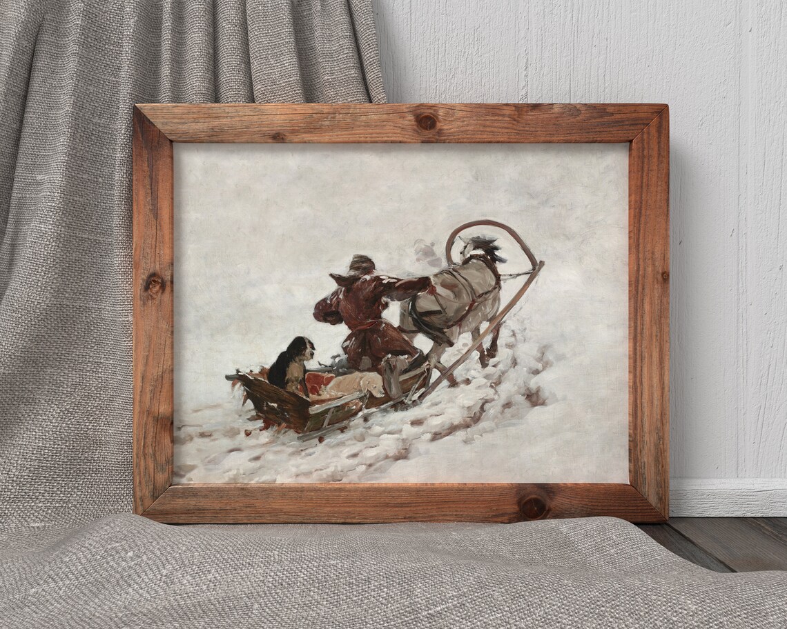 Horse Sleigh Dogs Vintage Winter Painting Poster - Image 3