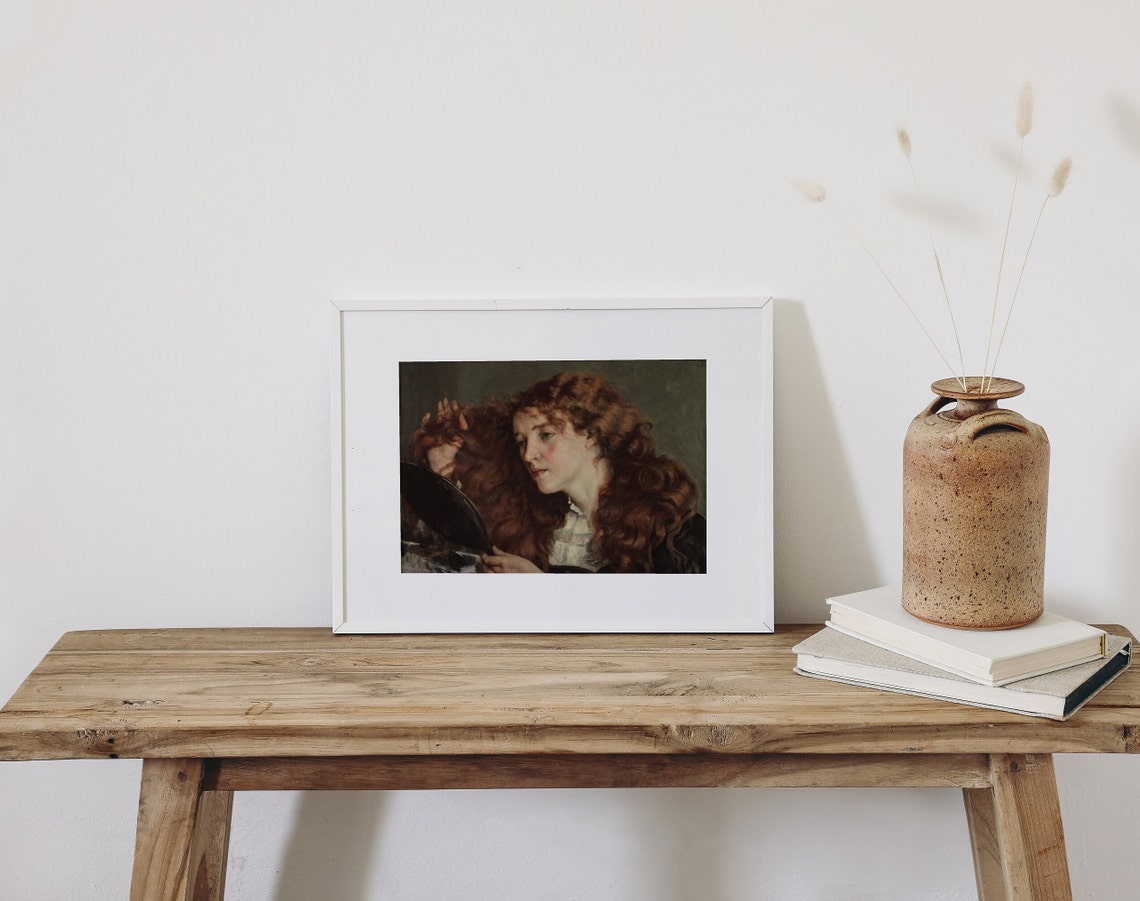 Redhead Woman Gazing Into Hand Mirror Long Copper Curls Portrait Print - Image 3
