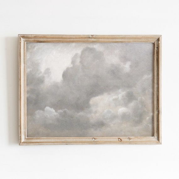 Cumulus Clouds Vintage Wispy Hazy Cloud Art Sky Oil Painting Neutral Tonal Nursery Art 828