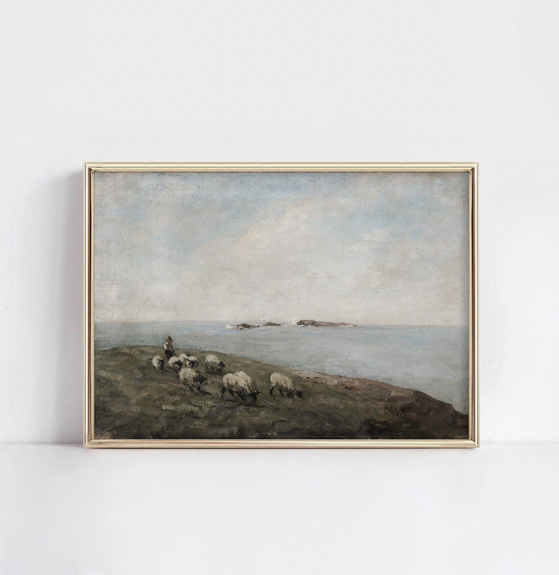 Sheep by the Sea Vintage Coastal Landscape Art Print - Image 3