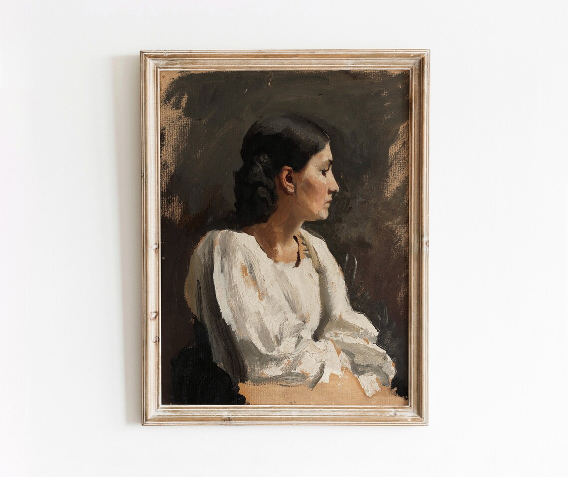 Vintage Italian Woman Portrait Art Print, Neutral Tone