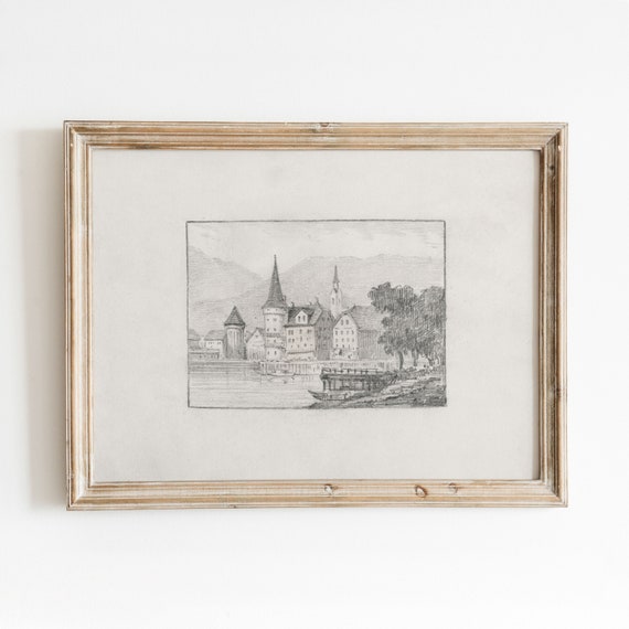 Lucerne Sketch Vintage Swiss Cityscape Art Print