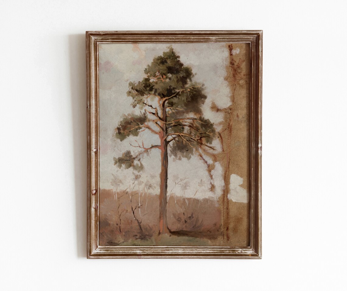 Lone Tree Vintage Pine Tree Painting, Autumn Landscape