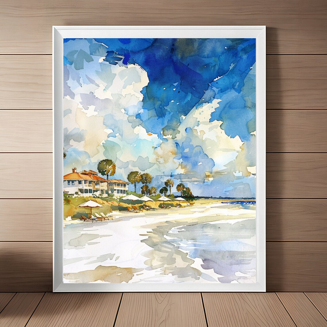 Beach Resort Watercolor Palms Umbrellas Shoreline View Poster