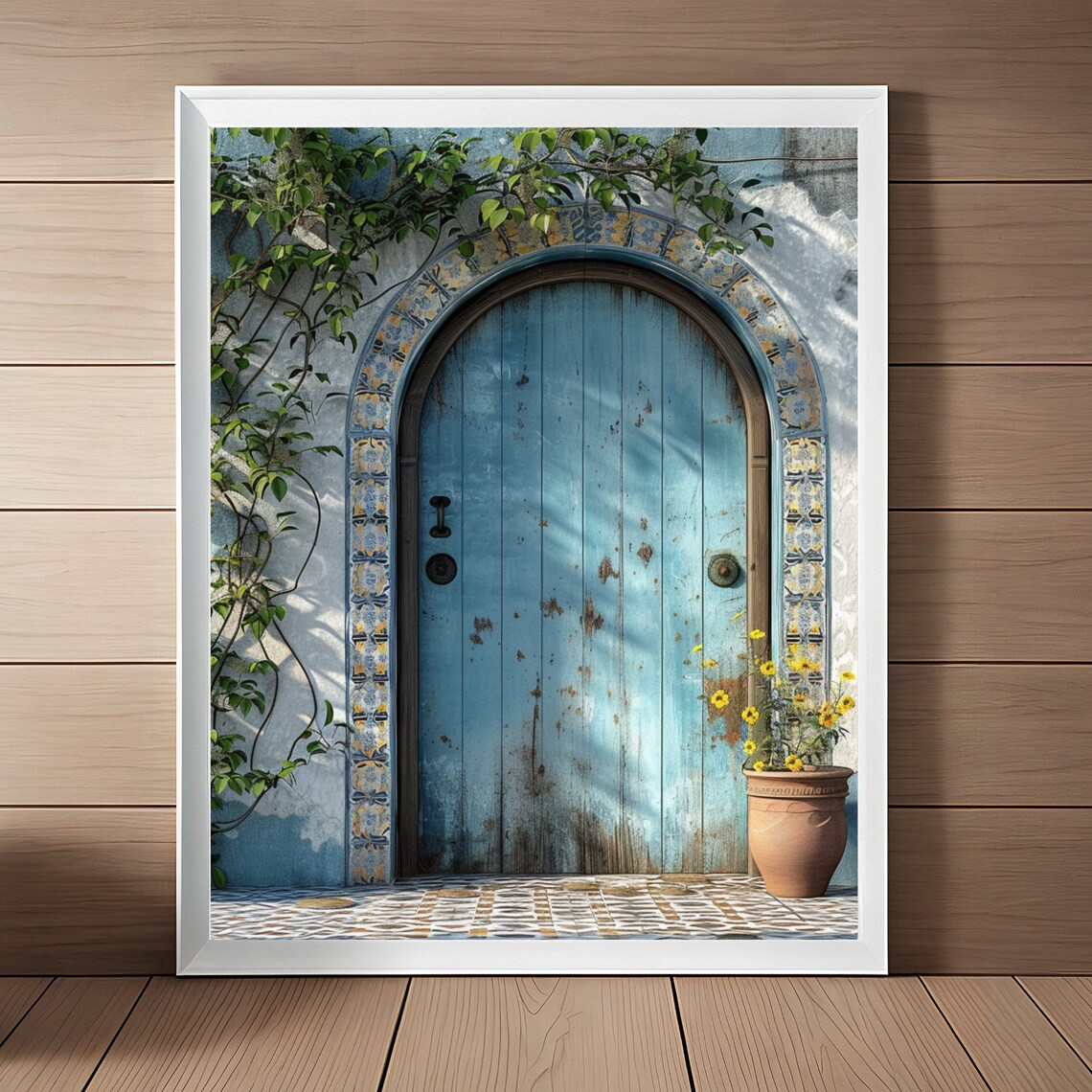 Vintage Arched Blue Door Art Mosaic Tile Travel Poster
