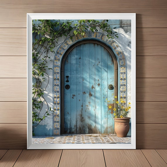 Vintage Arched Blue Door Art Mosaic Tile Travel Poster