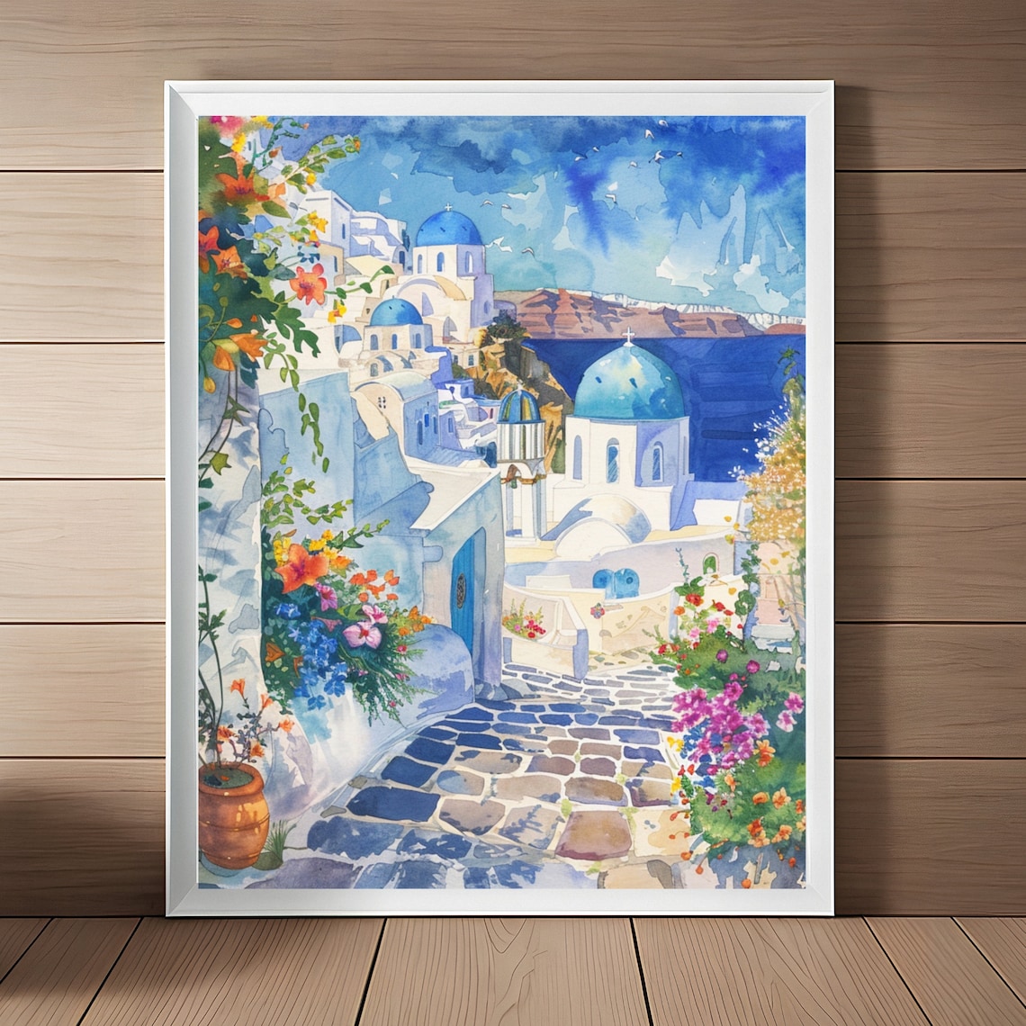 Santorini Greek Travel Art Print, Watercolor Painting