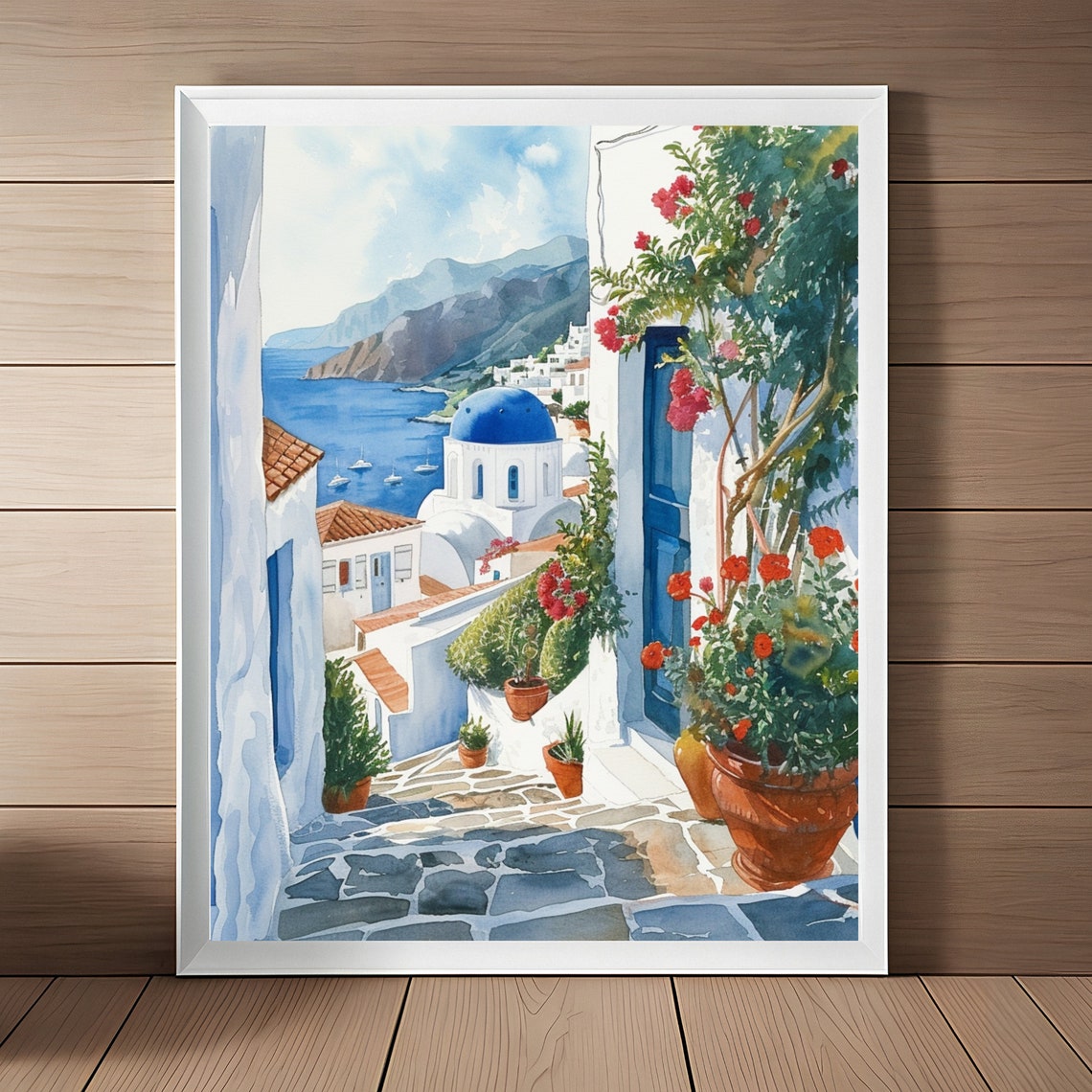 Santorini Blue Dome Church Caldera View Greek Island Art Poster