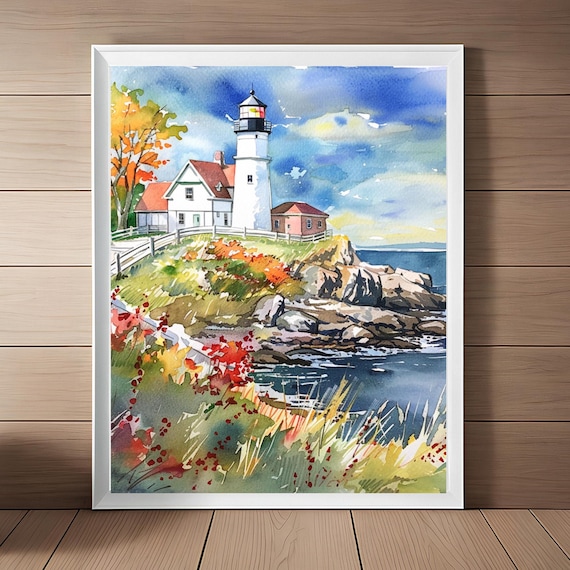 Maine Lighthouse Rocky Autumn Coast New England Watercolor Poster