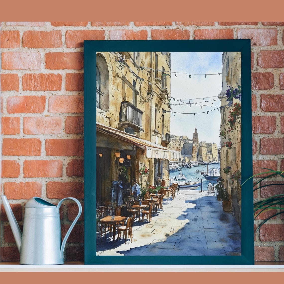 Malta Painting European Streetscape Island Art Malta Travel Poster Mediterranean Seaside Cafe Watercolor Print Europe Poster Travel Gift