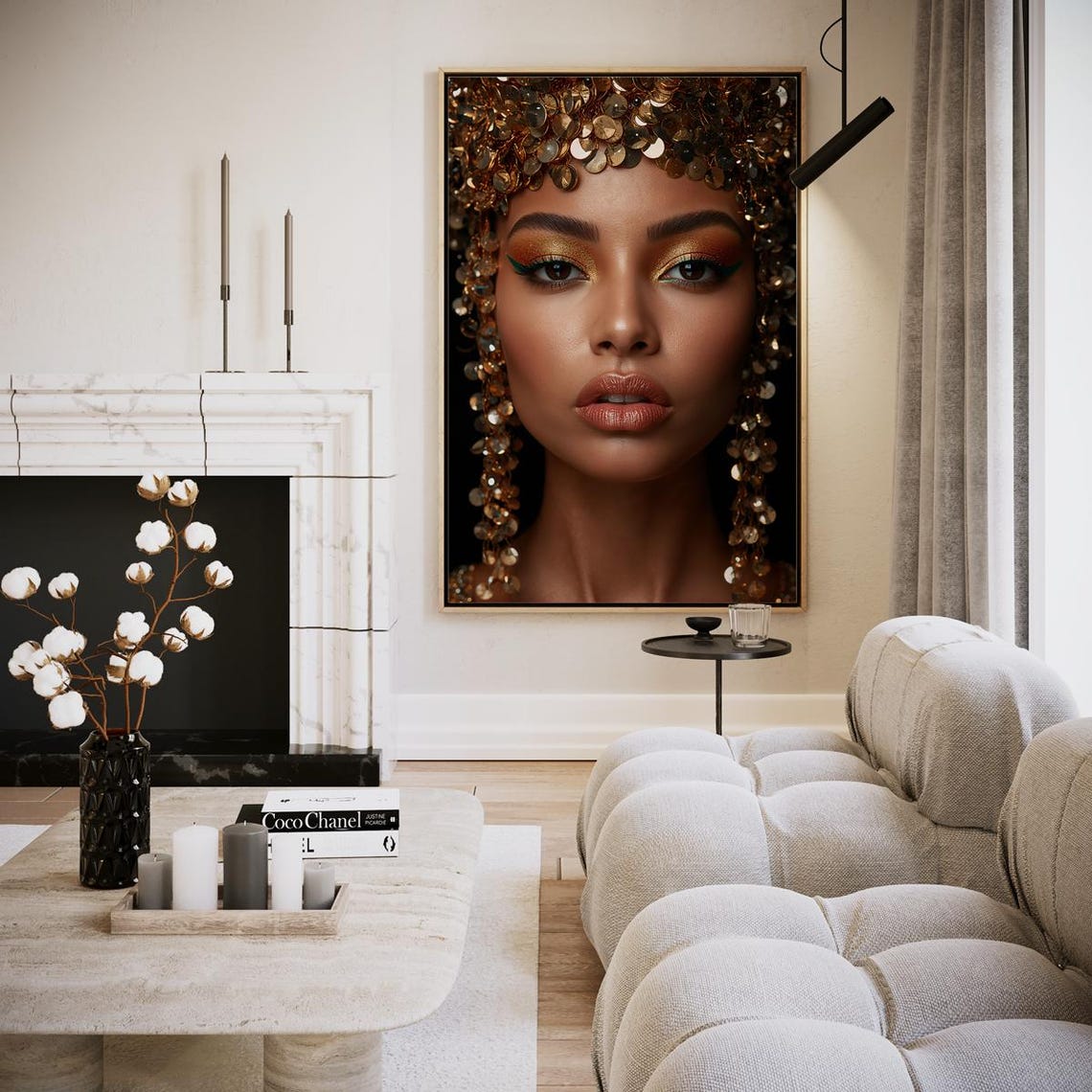 Woman in Golden Sequin Headdress Bold Beauty Portrait Art Print