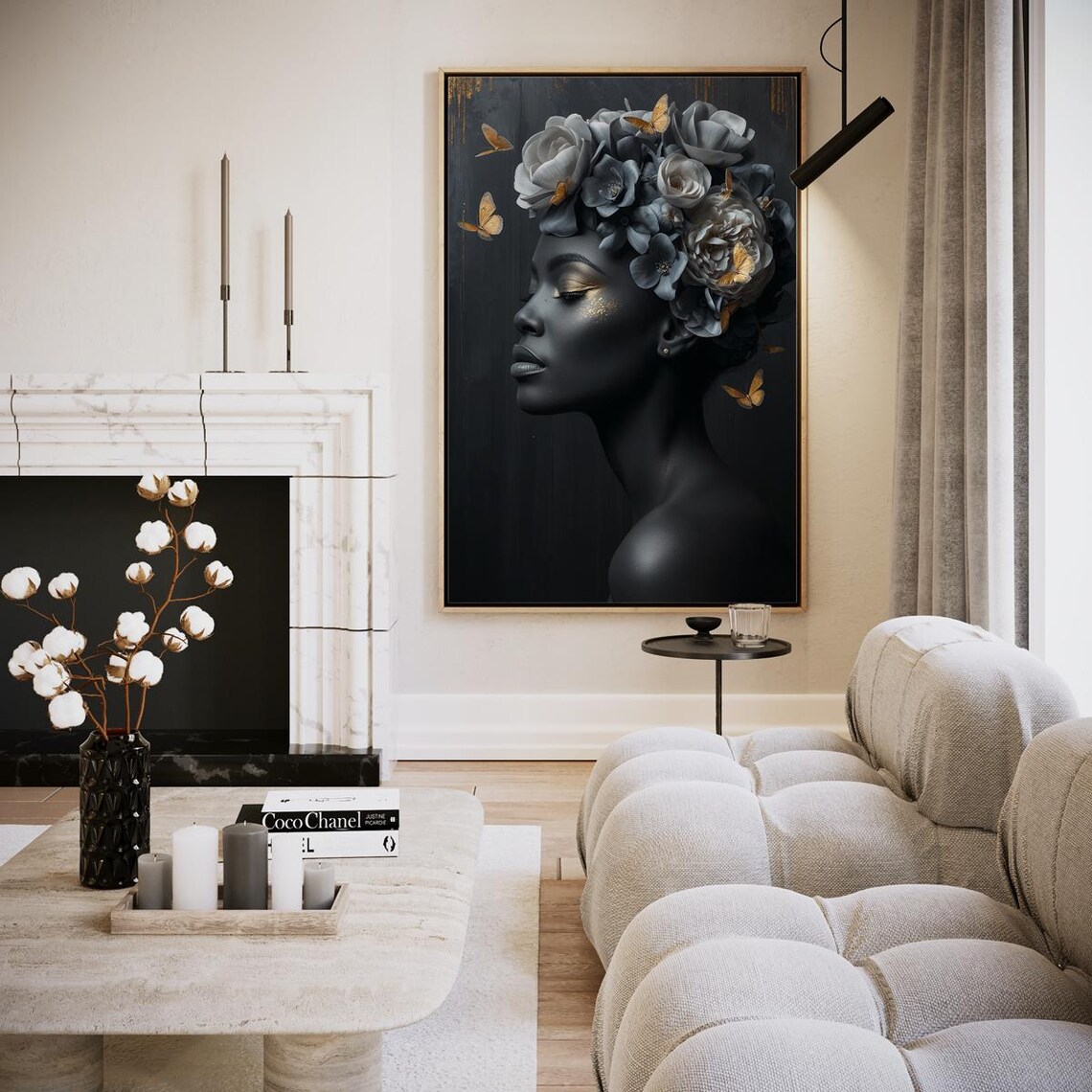 Black Woman Gray Floral Headdress Gold Butterfly Glamour Poster