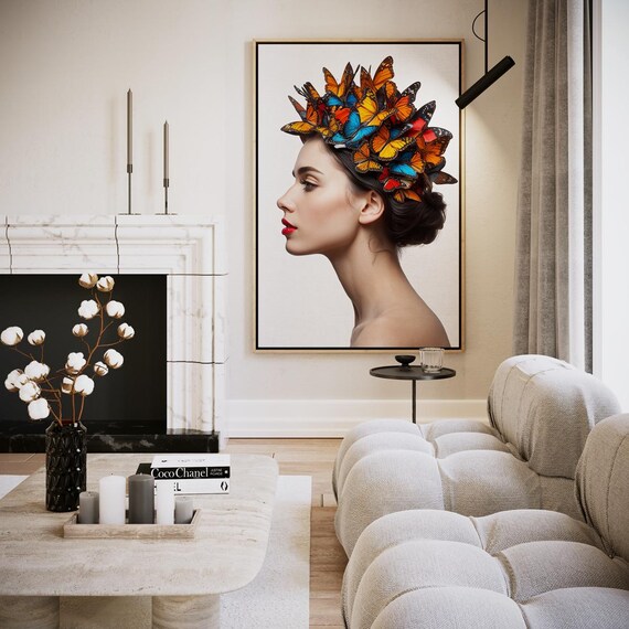 Butterfly Crown Woman Profile Colorful Monarch Elegant Art Poster