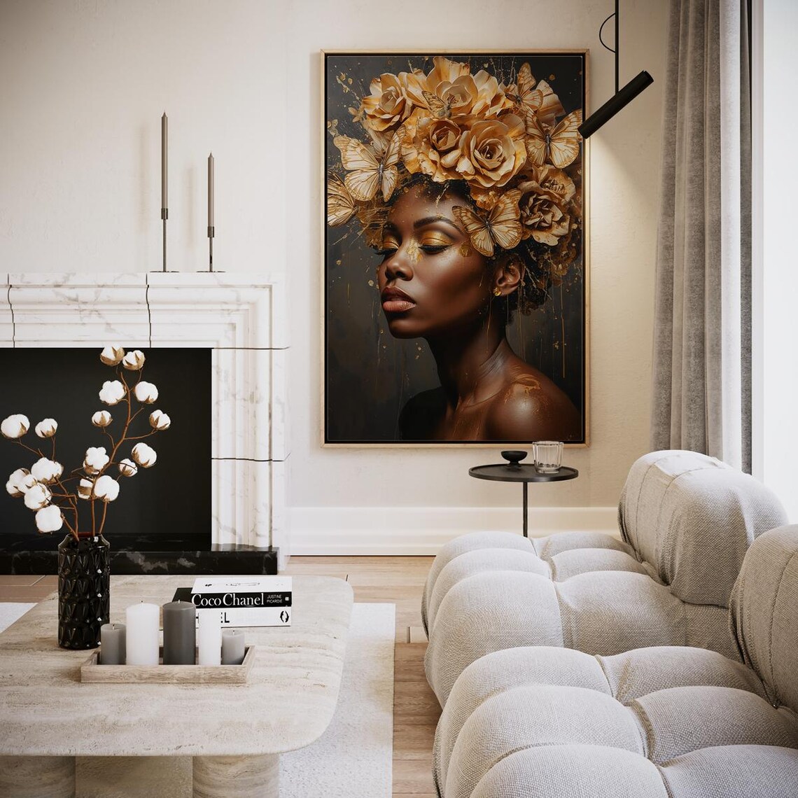 Woman Golden Roses Butterflies Hair Dark Romantic Portrait Wall Art
