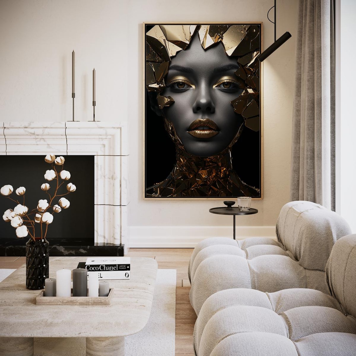 Black and Gold Shattered Glass Woman Portrait Modern Art Poster