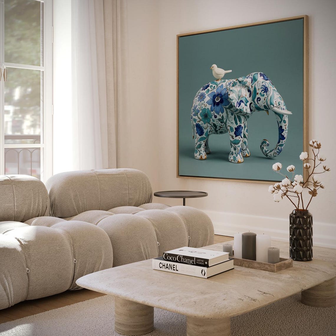 Blue White Porcelain Elephant Bird Figurine Style Art Poster