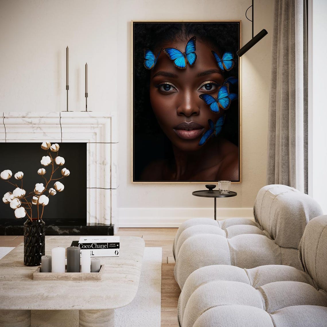 Woman Portrait with Blue Morpho Butterflies Wall Art on Dark Canvas