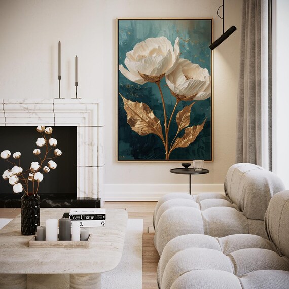 Cream Peony Blooms with Gold Leaves Botanical Print on Blue Canvas