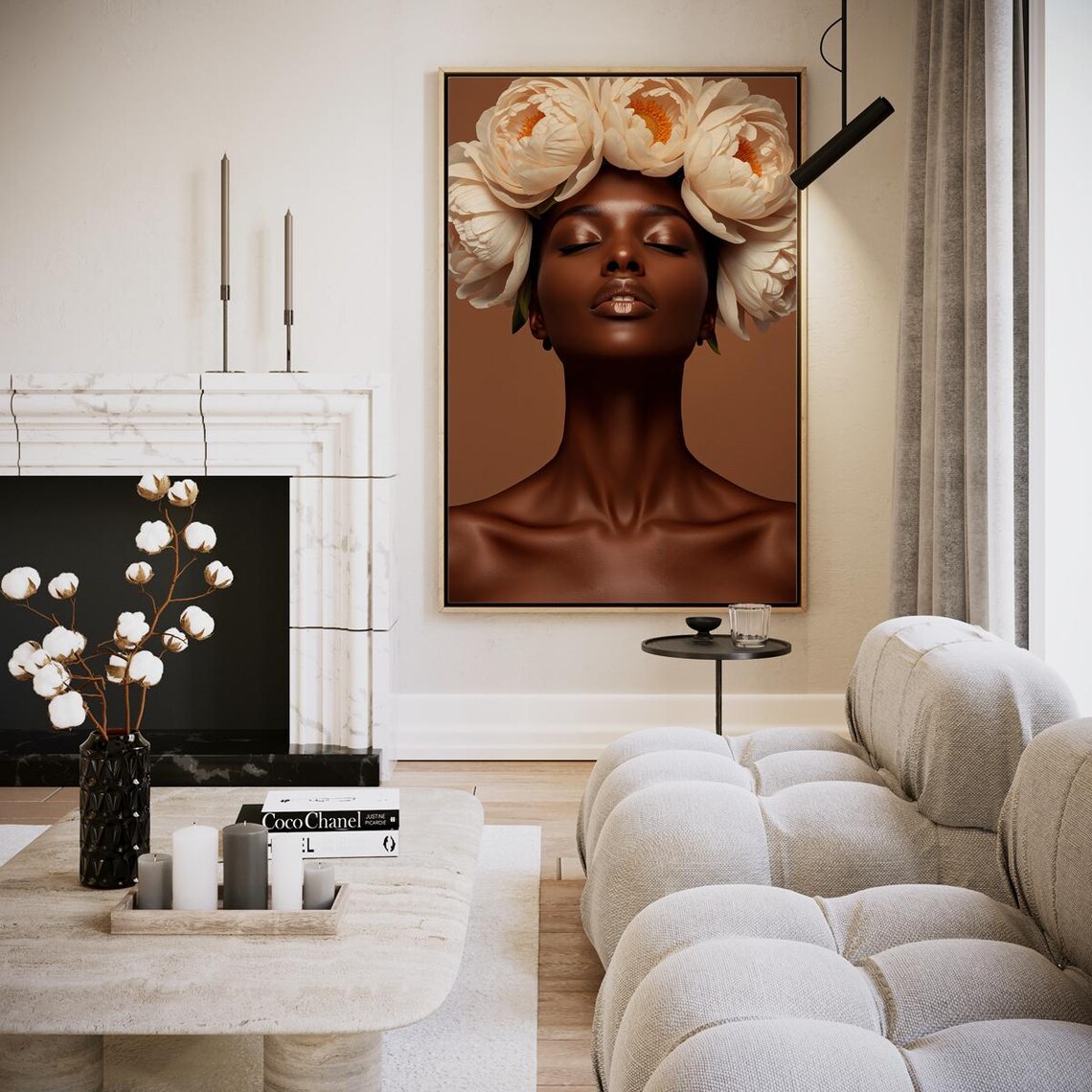 Cream Peony Crown Woman Portrait Earthy Terracotta Art Poster