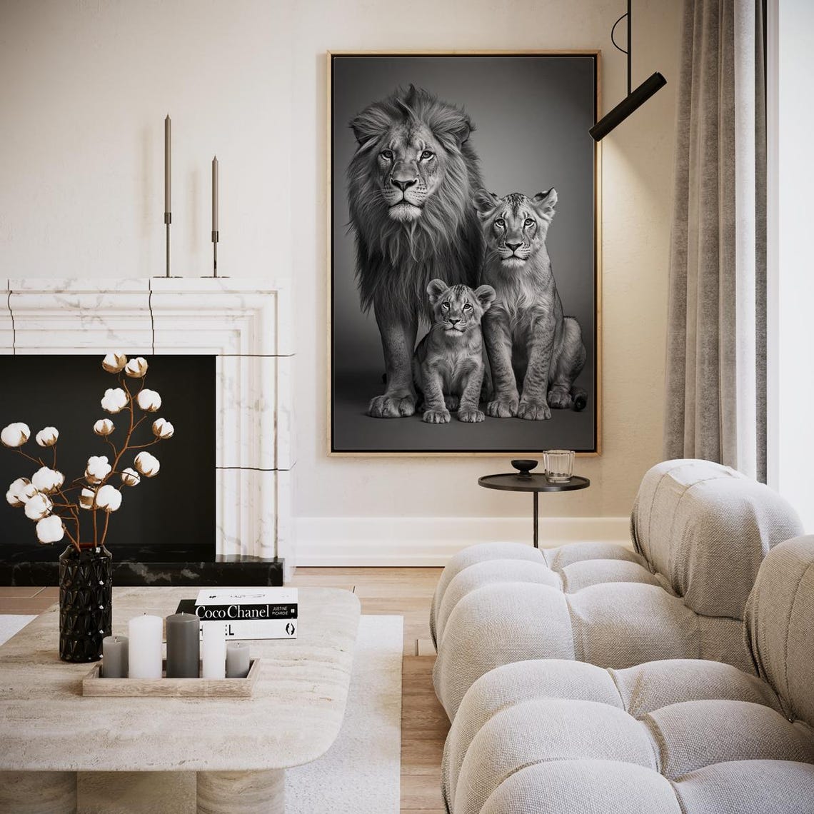 Black and White Lion Family Portrait Majestic Big Cat Wall Art