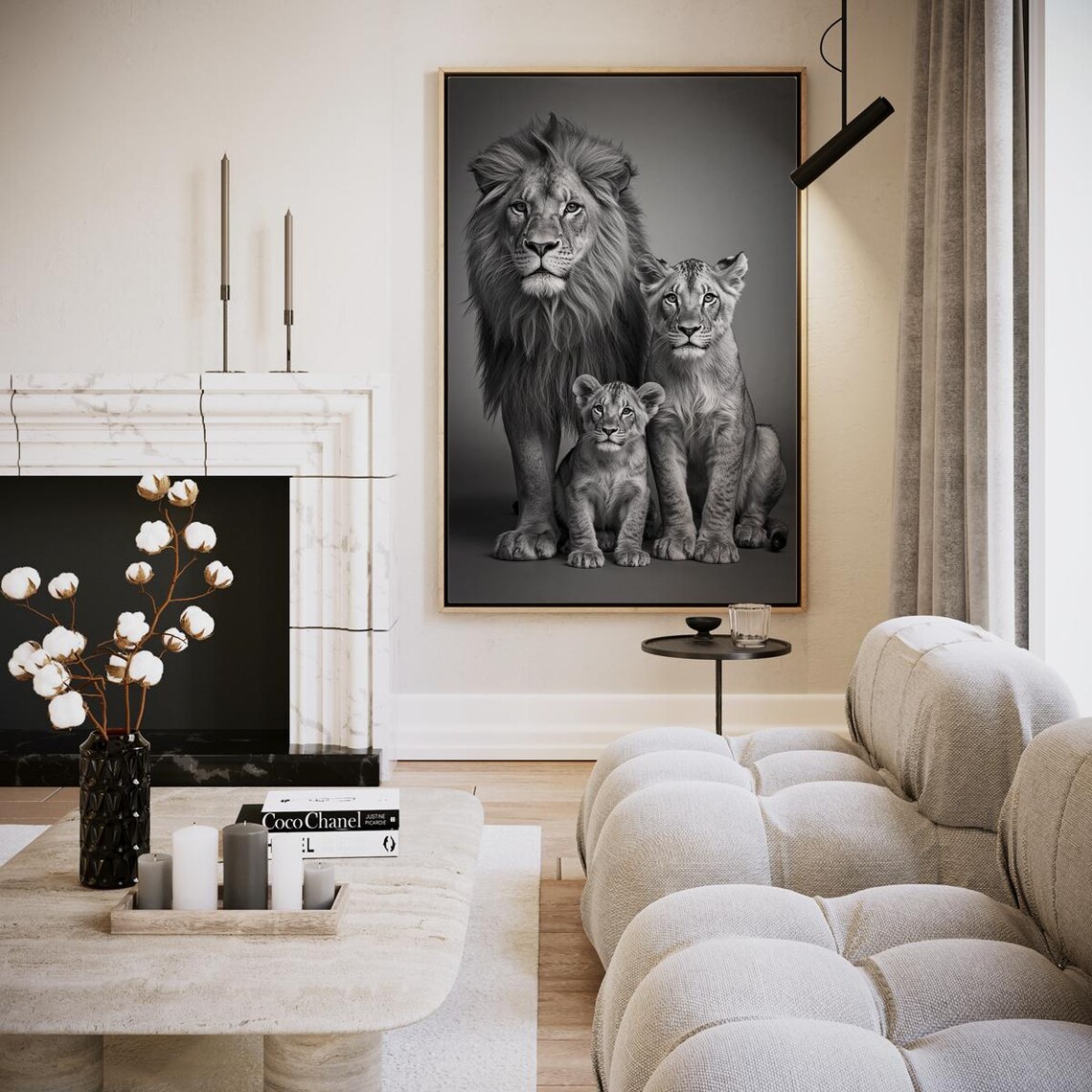 Lion Family Majestic Portrait In Black And White Artwork Wall Art