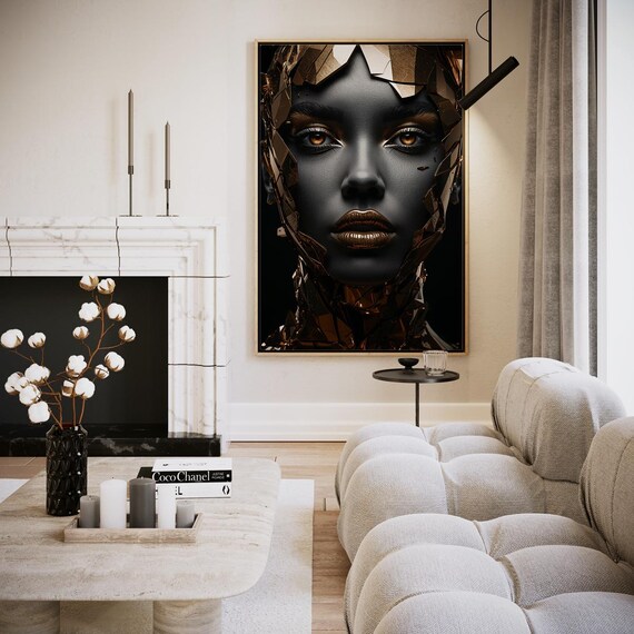 Dark Bronze Cracked Geometric Woman Face Art Portrait Poster