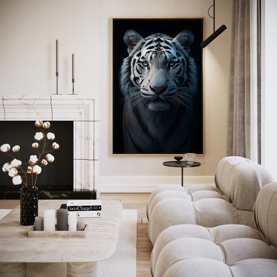White Tiger Blue Eyes Portrait On Black Dramatic Wildlife Art Poster