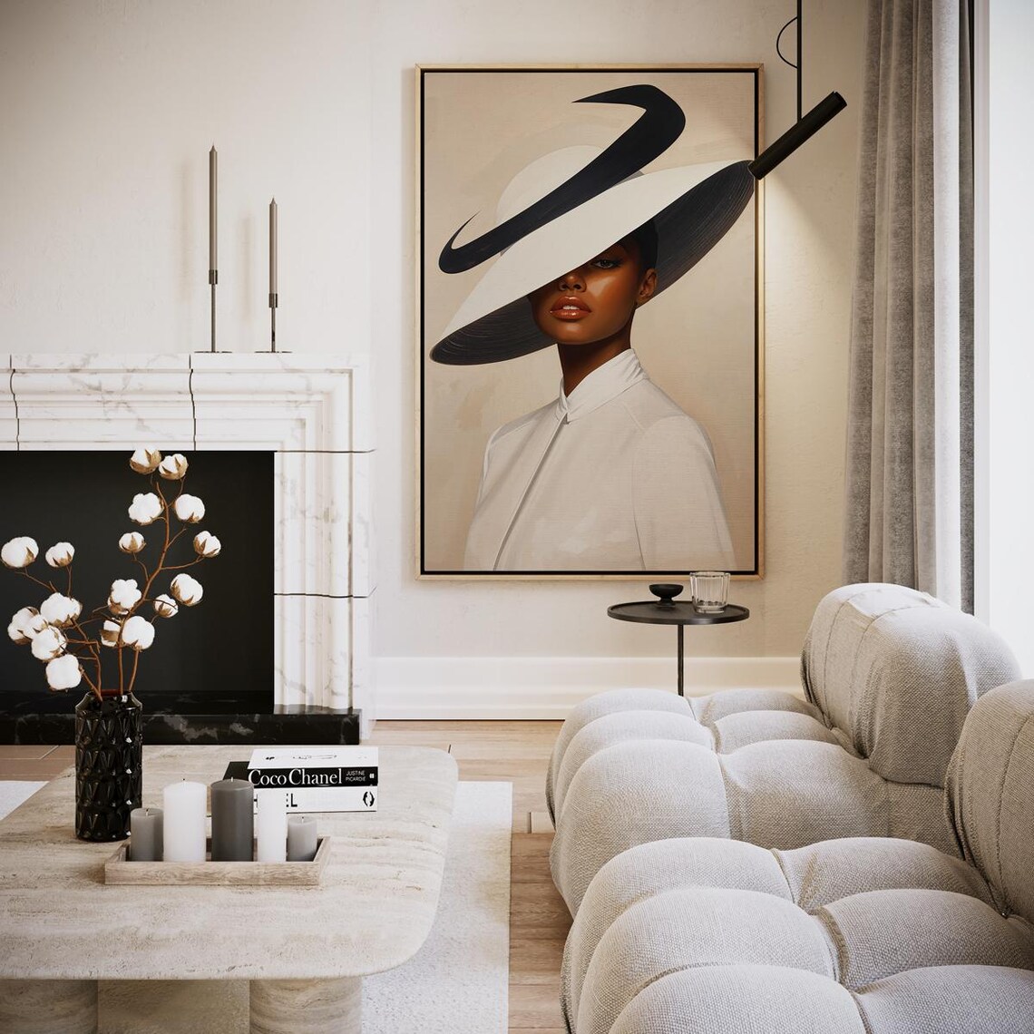 Elegant Woman Wide Brim Hat Black Swirl Fashion Portrait Art Poster
