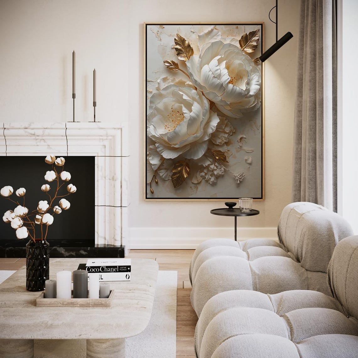 White Peony Blossoms with Gold Leaves Luxury Floral Art Poster
