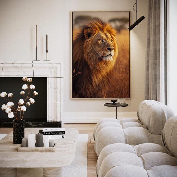 Golden Male Lion Portrait in Warm Light Majestic Wildlife Wall Art