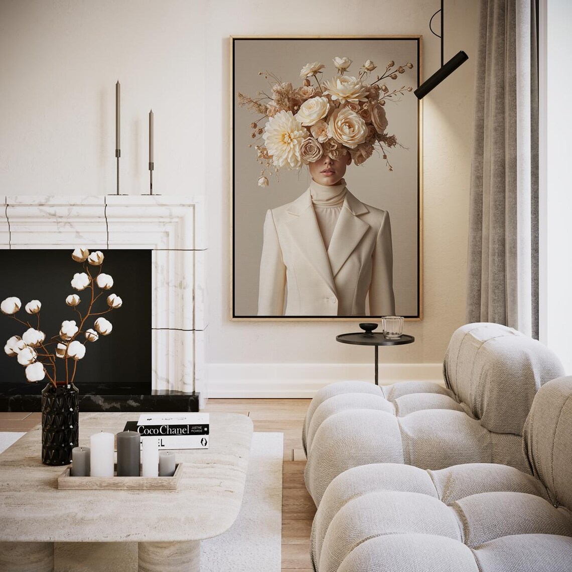 Poetic Woman in White Blazer with Cream Flower Crown Portrait Print