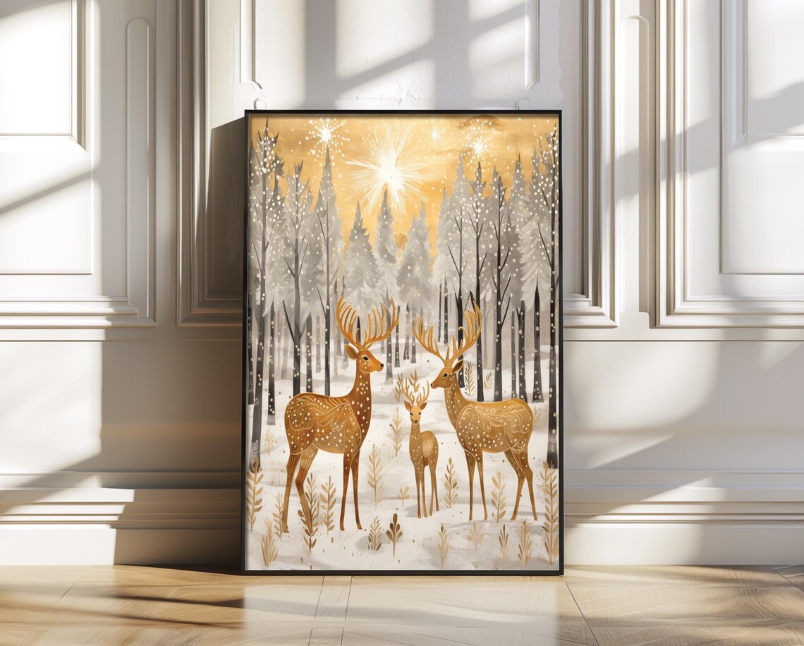Golden Deer Trio in Starlit Snowy Winter Forest Watercolor Poster - Image 4