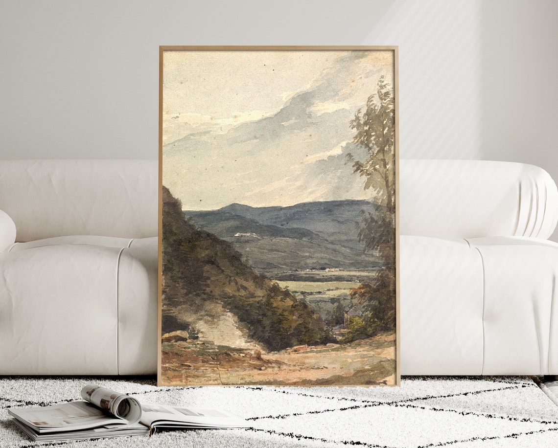 Mountain Valley View Antique Watercolor Soft Sky Landscape Poster - Image 4